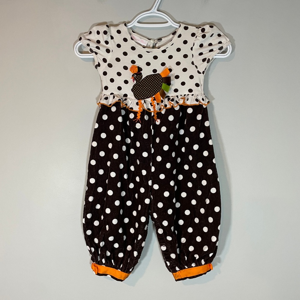 Bonnie Baby Girls Brown Polka Dot Turkey Thanksgiving Romper 24M Corduroy